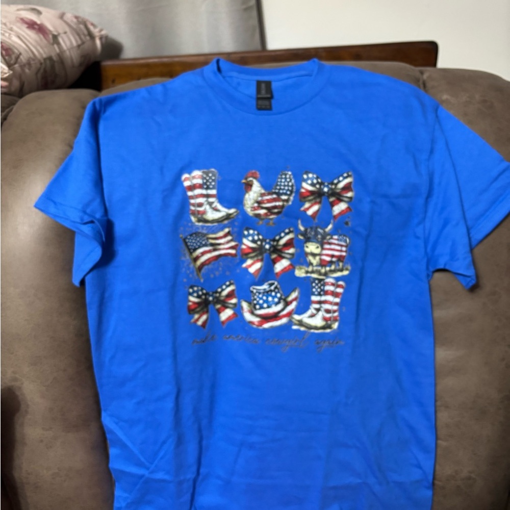Gildan Bright Blue Patriotic cowgirl Graphic Tee